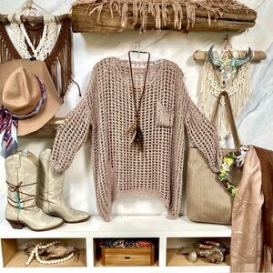 Trendy net/mesh boho semi sheer sweater w resort vacay shabby chic vibe